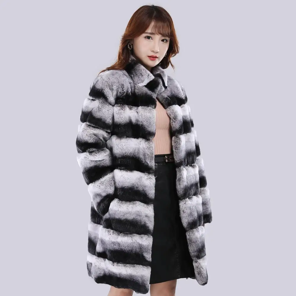 Женское зимнее меховое пальто из натурального меха кролика Рекс Шиншиллы теплые