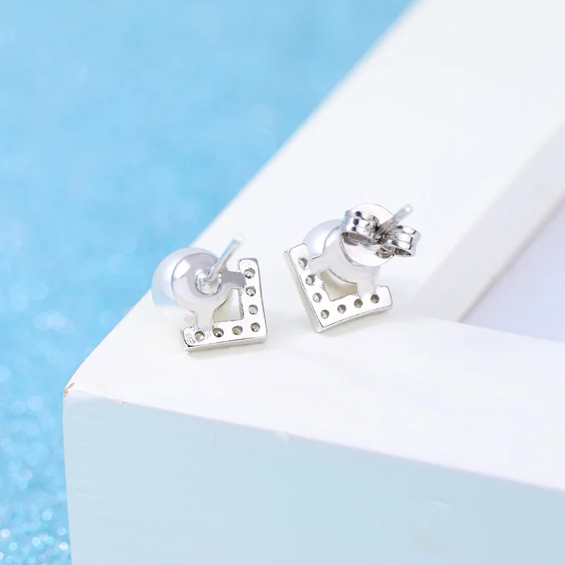 

ModaOne 925 Sterling Silver Temperament pearls Crystal V - shaped triangle stud earrings for women fashion jewelry