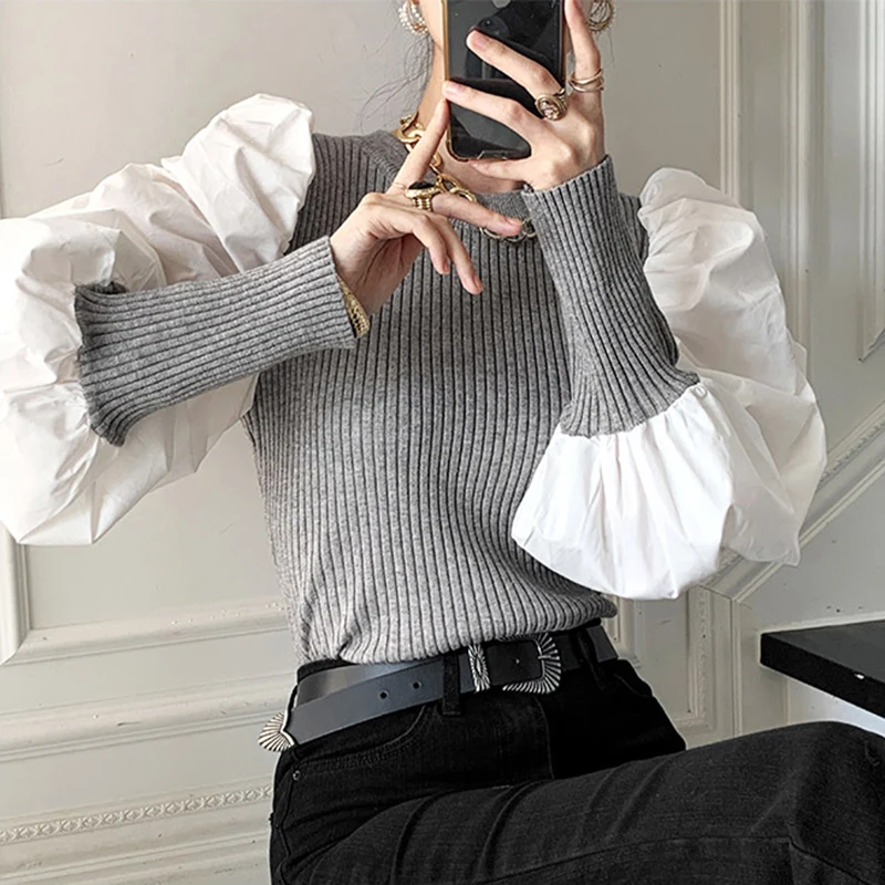 

Women Sweaters 2021 Autumn Korean Chic Temperament Round Neck Contrast Stitching Pit Strips Lantern Sleeve Pullovers