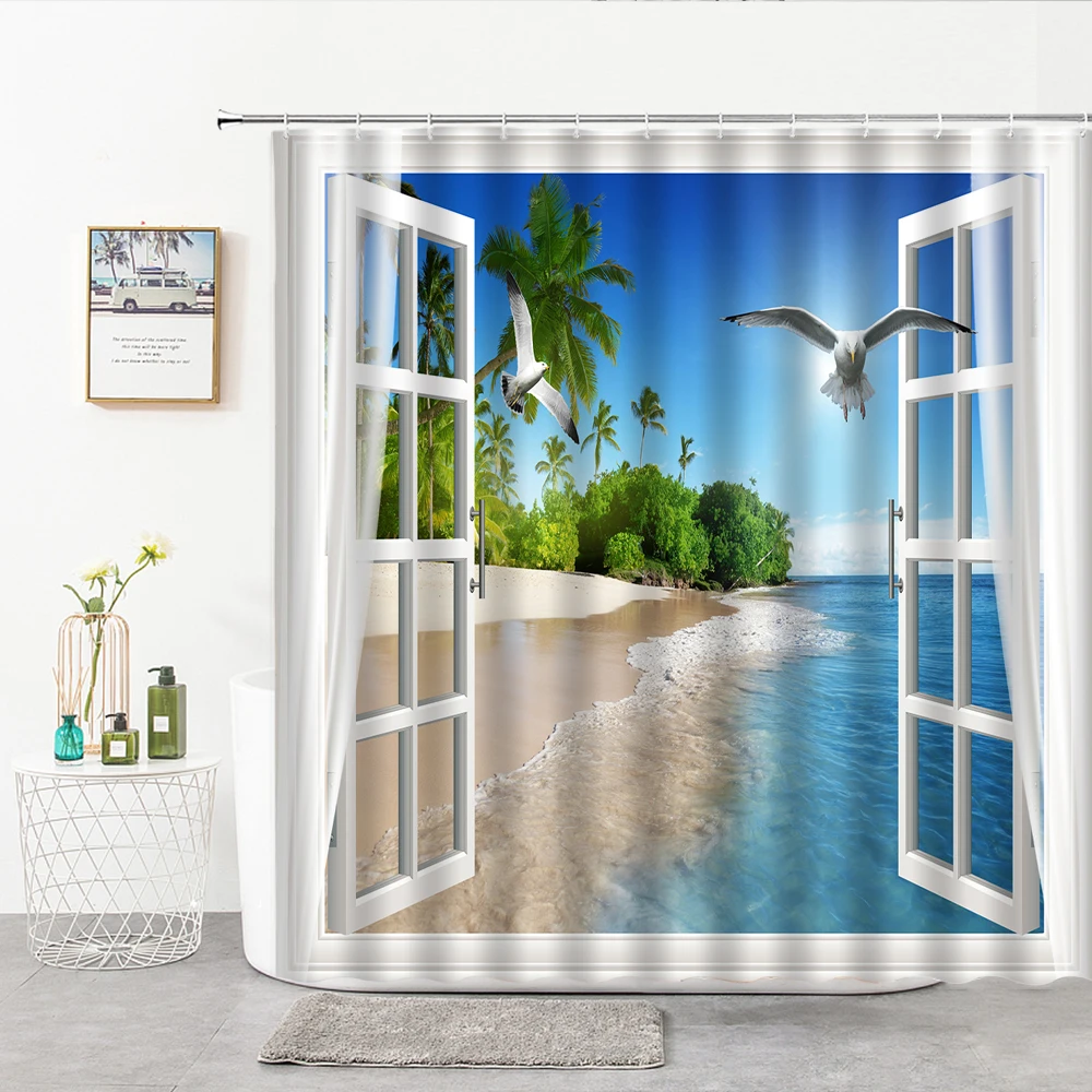 

Занавеска для душа с имитацией 3d-окна «Чайка», Декор для дома и в лесу, «Водопад», настенная тканевая висячая занавеска для ванной комнаты