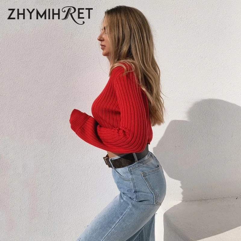 Красный вязаный свитер ZHYMIHRET с высоким воротником повседневный Женский пуловер