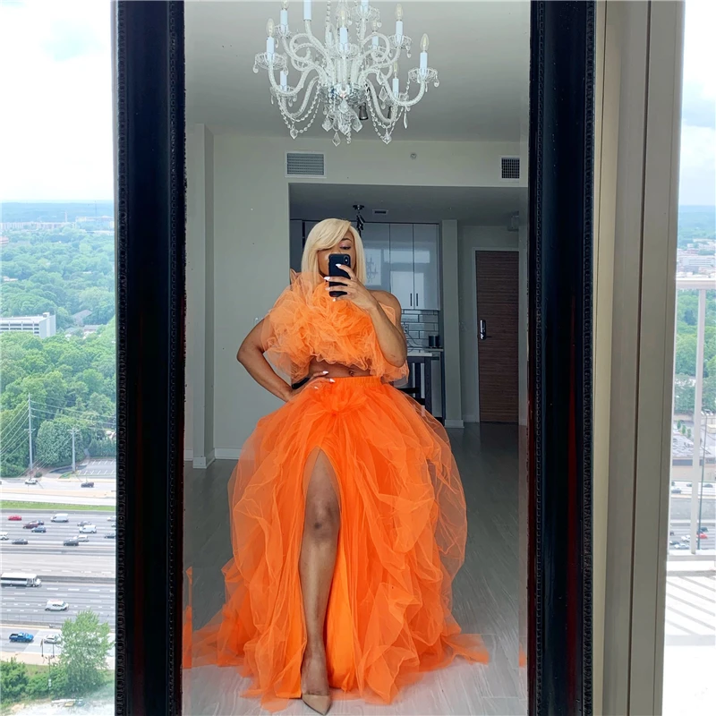 

Sexy Women Layered Skirt Solid Color Ladies High Waist A Line Puff Mesh Front Split Princess Skirts Ball Gown Womens Skirts