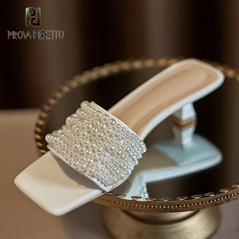 

2021 summer pearl stiletto square toe open toe white mid-heel gentle all-match dress sandals and slippers women