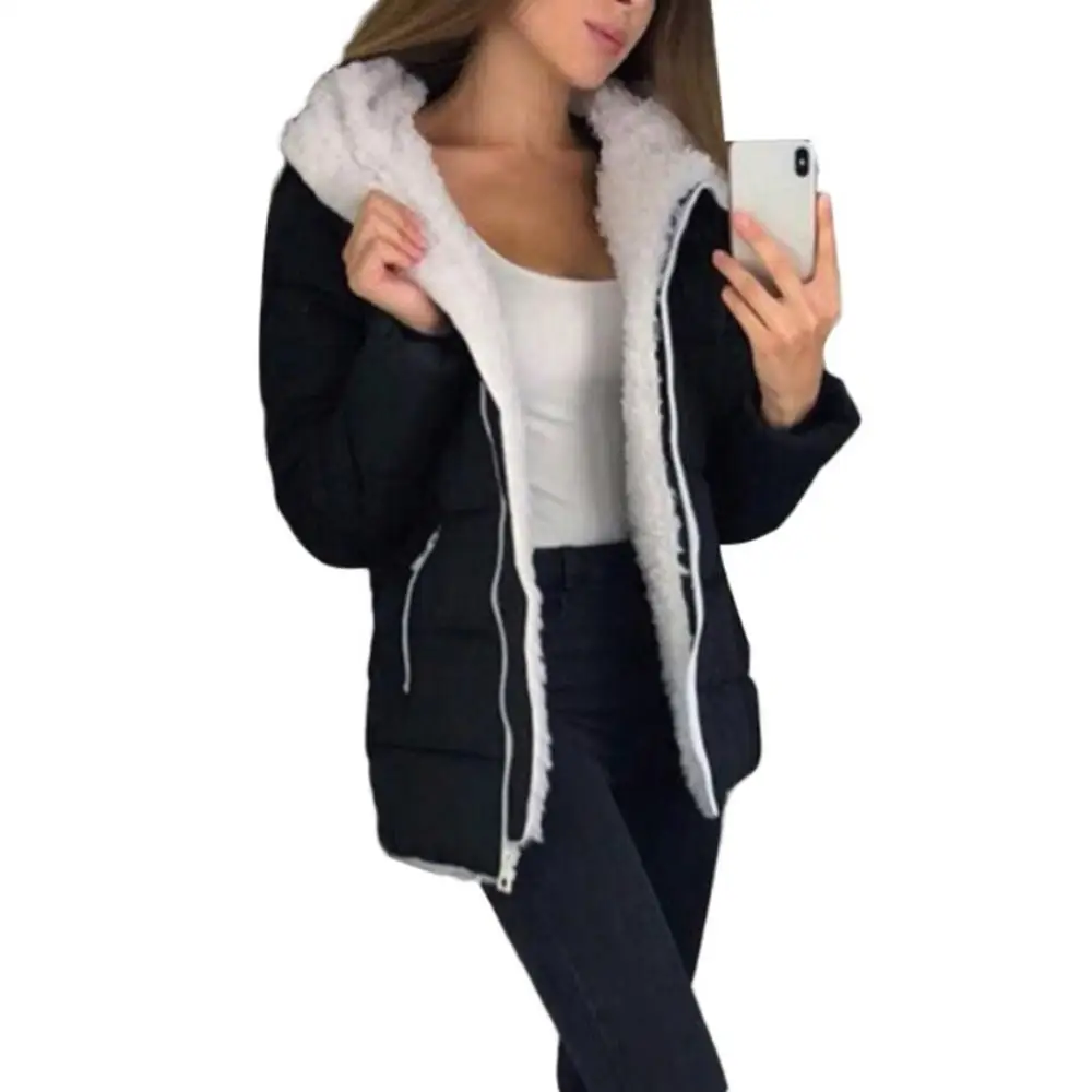Wholesales Women Autumn Winter Solid Color Zipper Hooded Jacket Thickened Warm Cotton Coat