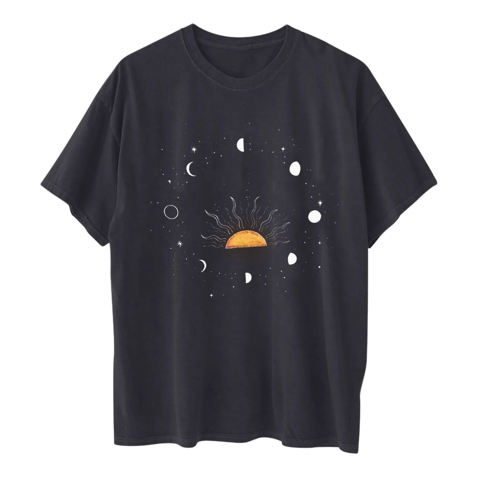 

Women's Plus Size Tops Vintage Sun And Moon Printed Pattern Casual Short Sleeve Oversized T-shirt L-3xl Tops Футболка Оверсайз