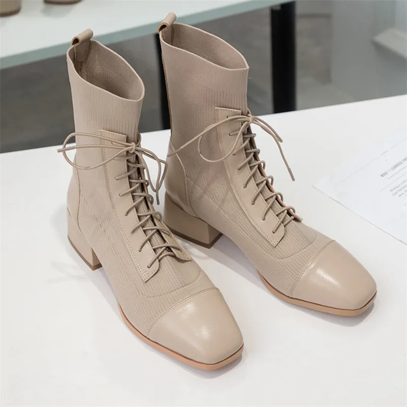 

ANNYMOLI Genuine Leather High Heel Mid Calf Boots Women Shoes Square Toe Thick Heels Cross Tied Stretch Boots Female Apricot 43