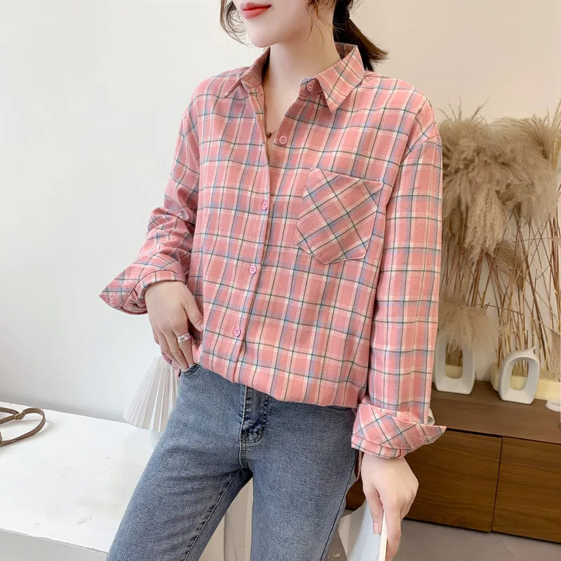 

Korean Style Loose Retro Hong Kong Flavor Coat Autumn New Style Brushed Cotton Plaid Shirt Women's Long Sleeve