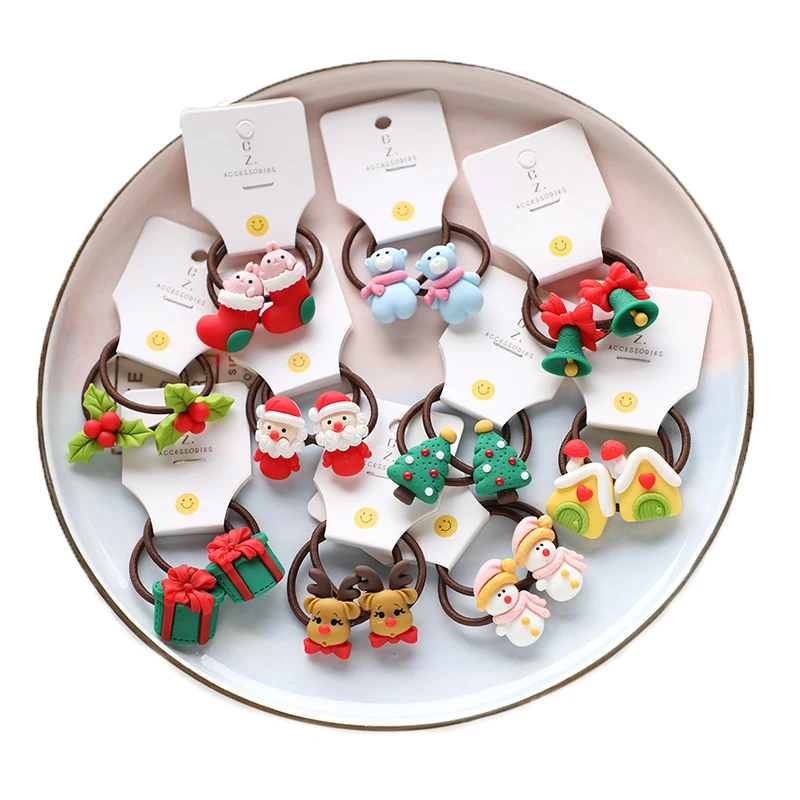 

2pc Cute Cartoon Christmas Elk Elastic Rubber Hair Rope Hair Bands for Children Hair Scrunchie Ponytail Holder Gum Accessories