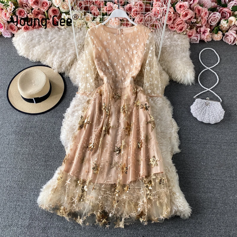 

Young Gee star sequined embroidery women Dress Vintage slim lace chic Waist summer half sleeve Dresses Fashion vestidos robe