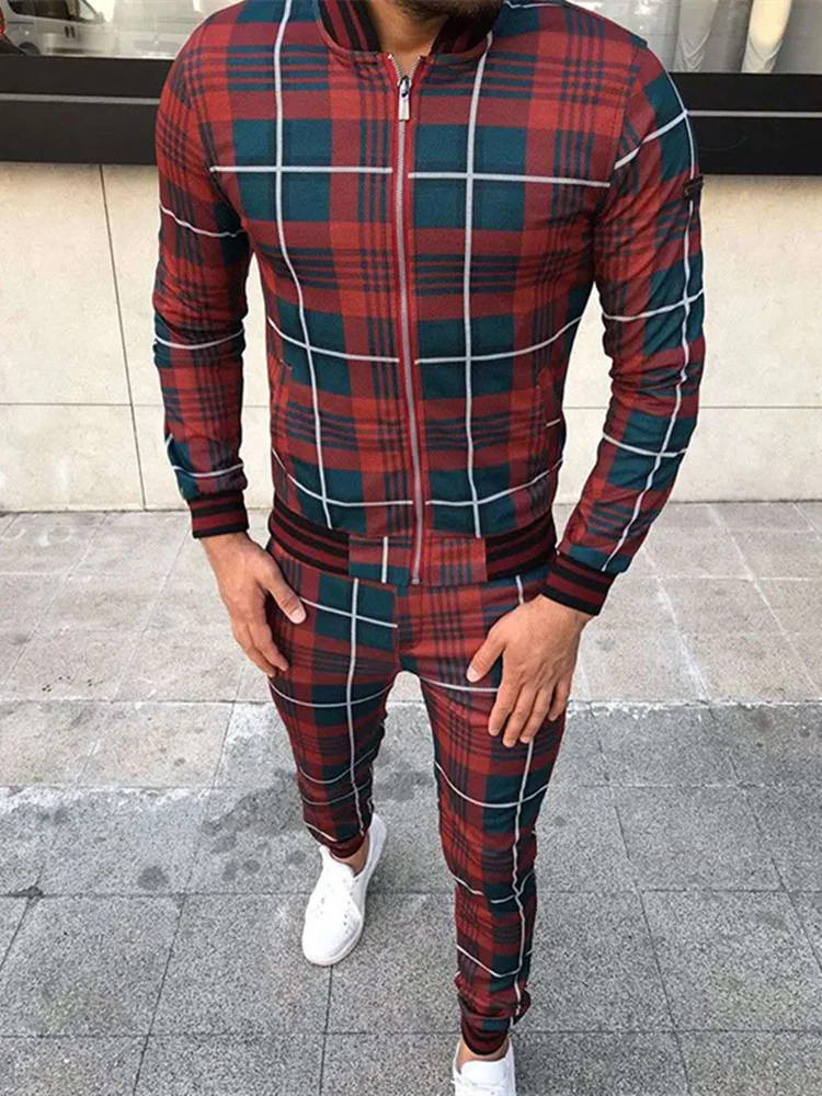 

Men's Casual Sport Suit Autumn Thin Zip-Up Coat Trousers 3D Printed Suits Outdoor Fashion Grid Tracksuit Streetwear Clothing