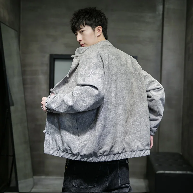 Куртка мужская оверсайз однотонная с драконом жаккардовая