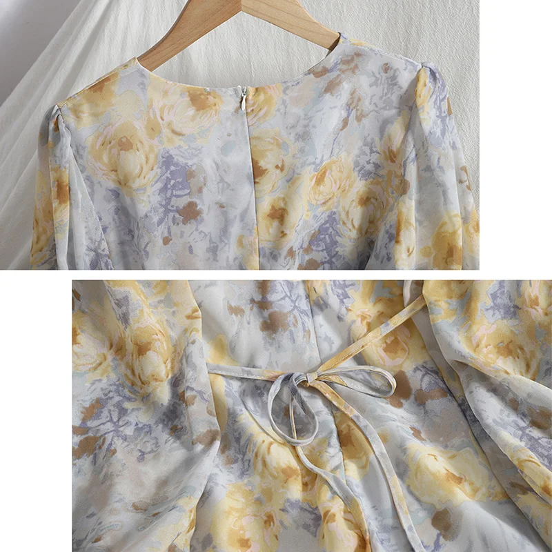 

YIZZHOY Summer New Arrival Retro V-neck Floral Print Dresses Ladies Vintage High Waist Slim Chiffon Elegant Long Dress