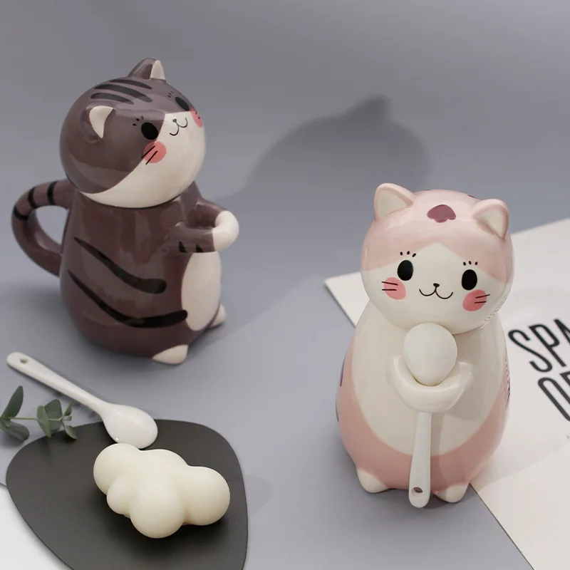 

Japonais Cup Coffe Tea Set 275ml Cat Mug Coffee Mugs Cups with Lids SPoons Coffeeware Cadeau Couple Drinkware Accessories