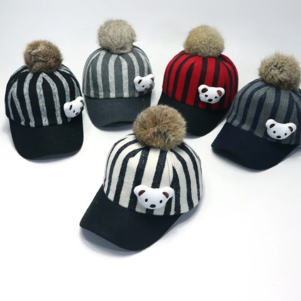 Fashion Children Woollen Cloth Stripe Little Bear Hair Ball Baseball Cap Hat new born photography baby boy clothes gorro | Детская