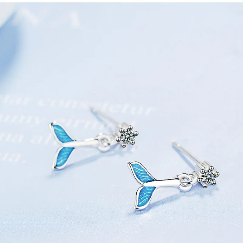 Винтажные серебряные серьги гвоздики в виде хвоста русалки циркониевый кулон