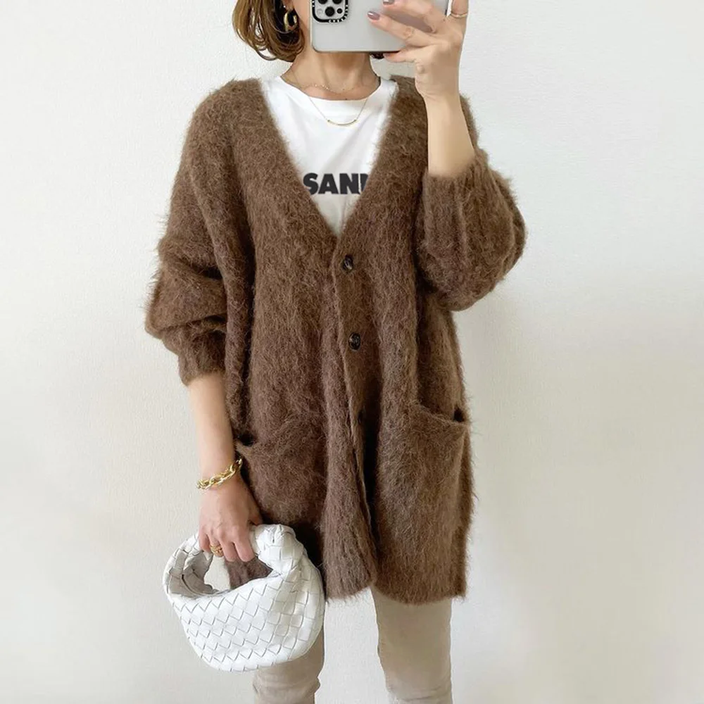 

Женский Однотонный свитер с карманами, повседневный однобортный Однотонный свитер с длинными рукавами, модель 2021 в Корейском стиле на осен...