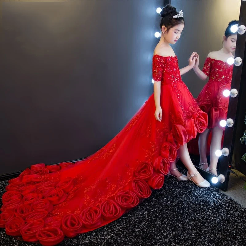 

Luxury Red Long Trailing Flower Girl Dresses for Wedding Ball Gown Shoulderless Sequined Floral Kids Pageant Dress Party Gowns