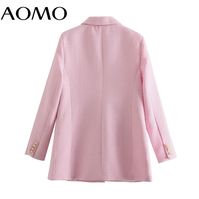 

AOMO Women 2021 Fashion Pink Tweed Long Blazer Coat Vintage Double Breasted Long Sleeve Female Outerwear Chic Tops QD85A