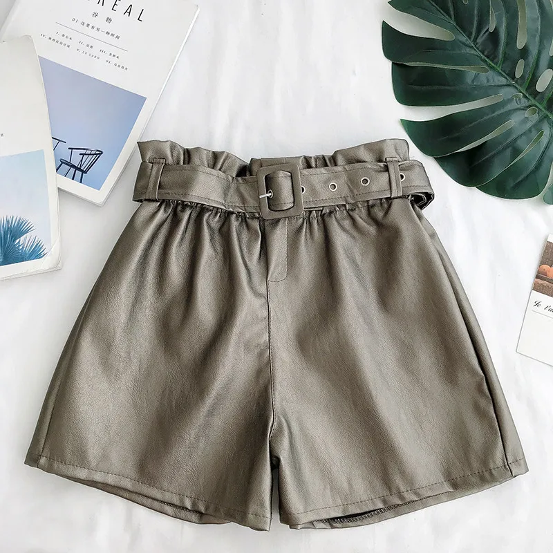 Повседневные шорты из искусственной кожи для женщин с высокой талией и поясом