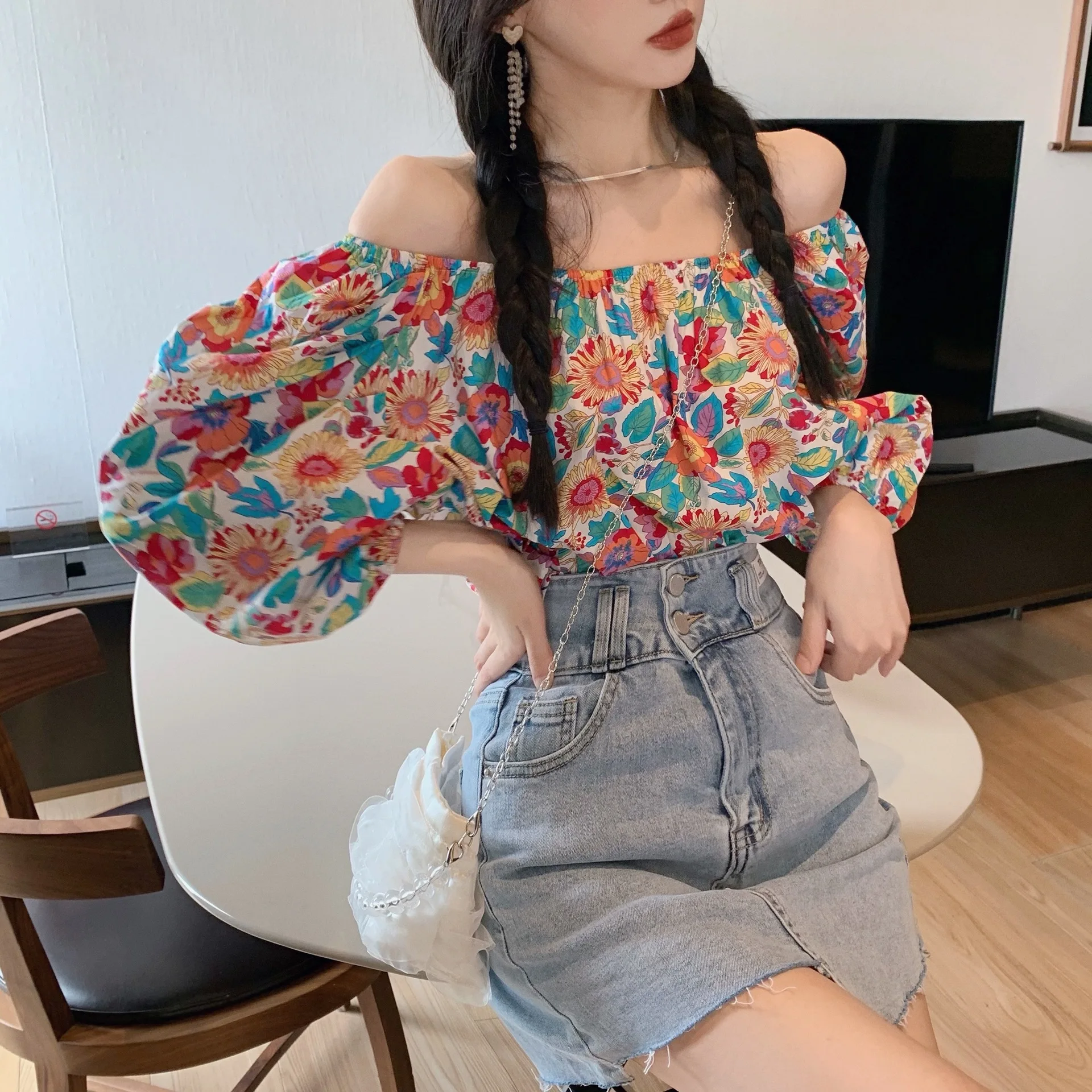 

Women Off Shoulder Floral Blouse Shirt Summer Casual Tops Ladies Loose Print Shirt Fashion Short Sleeve Slash Neck Clothes