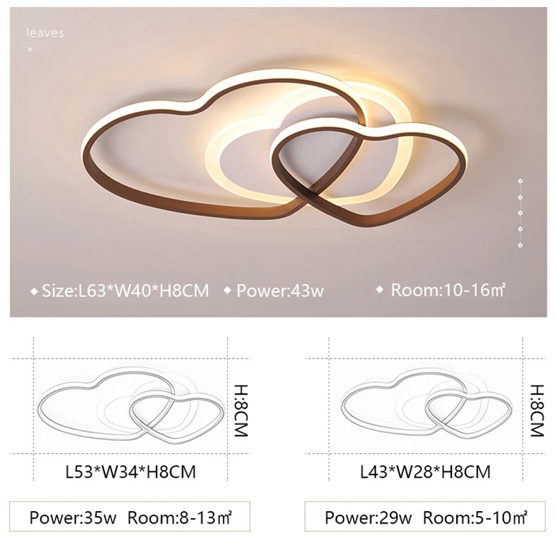 

New double heart modern LED ceiling lamp aluminum acrylic brown and white ceiling lights for bedroom living room study room