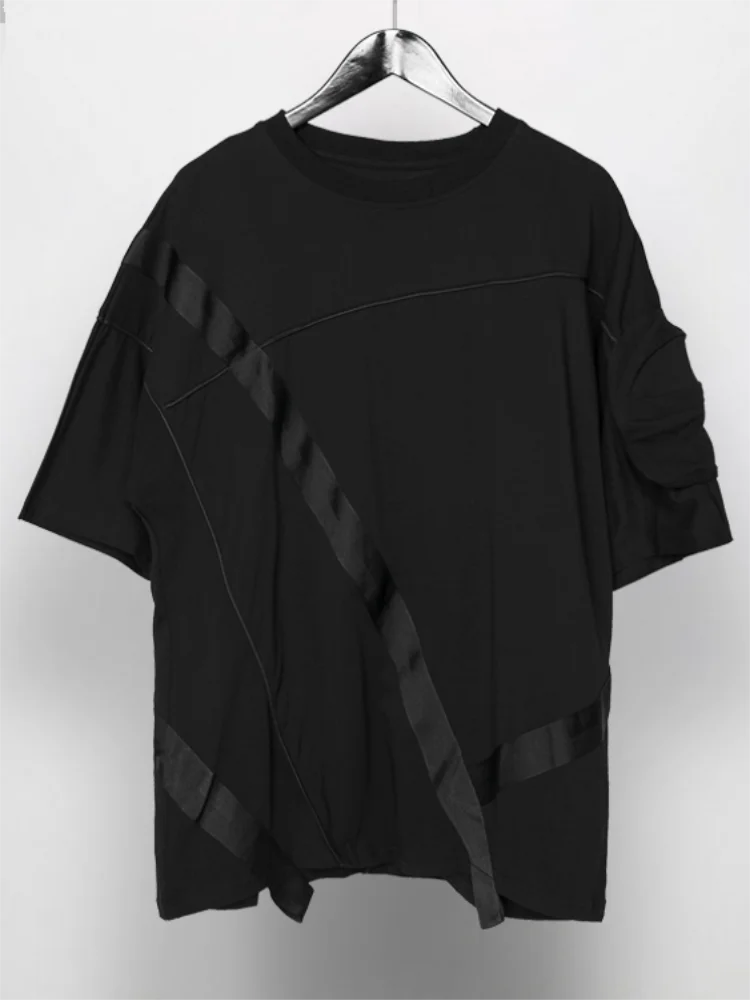 

Men's Short Sleeve T Shirt Summer New Dark Round Collar Ribbon Splicing Sleeve Pocket Design Personalized Fashion T Shirt