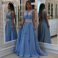 sky blue long evening dress 2020 chiffon v neck beaded pleat floor length formal gowns evening dresses vestido de festa longo