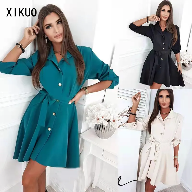 

Женское однотонное платье на пуговицах, элегантное кружевное платье с длинными рукавами и отложным воротником, осень 2021