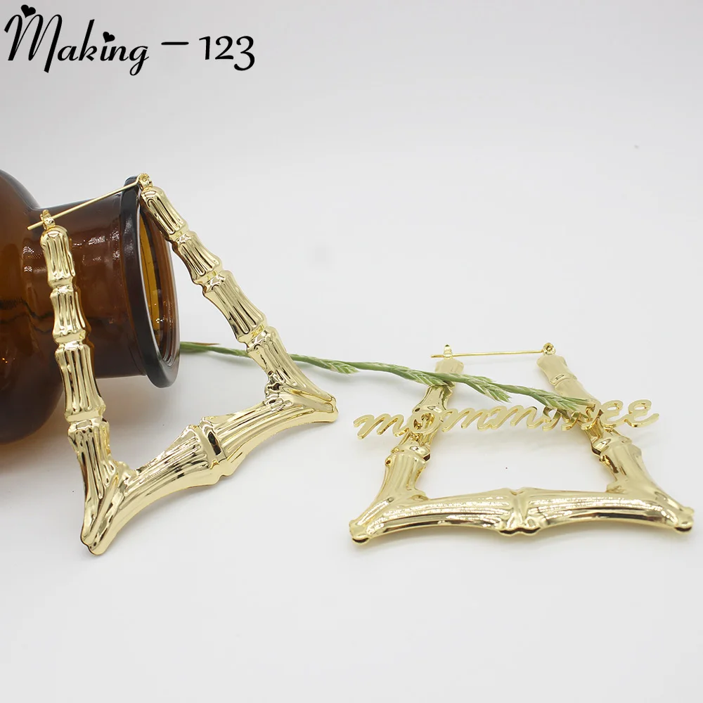 Making-123 50MM-70MM Triangle Bamboo Earrings Custom Hoop Bamboo Name Earrings Fashion Big Personalised Name Earrings women Gift