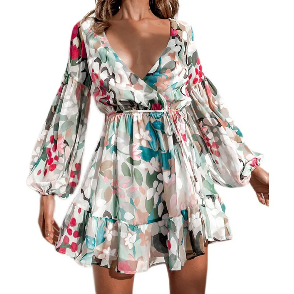

Autumn V Neck Floral Print Backless Dress Chiffon Women Lace Up Long Lantern Sleeve A Line Ruffle Dress Lady Party Style New