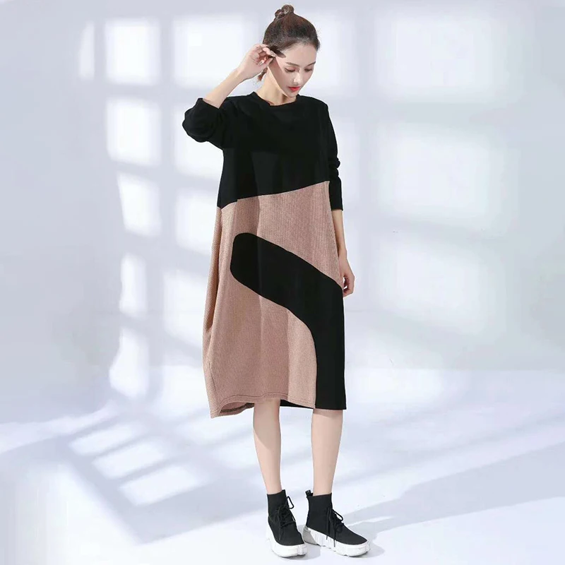 

CHICEVER Striped Dress For Women O Neck Long Sleeve Hit Color Oversized Casual Knitting Dresses Female 2020 Autumn New Clothing