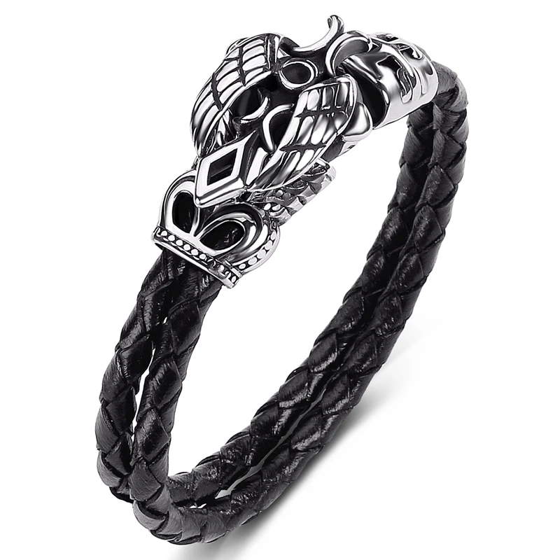 

Dropshipping Jewelry Genuine Leather Bangle Men Stainless Steel Sword Wings Punk Fashion Charm Bracelets Gifts P513