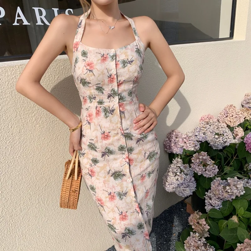 

Women Sexy French Floral Spaghetti Strap Backless Bodycon Dress Women's 2022 Summer Fashion Bandage Split Beach Party Midi Dress