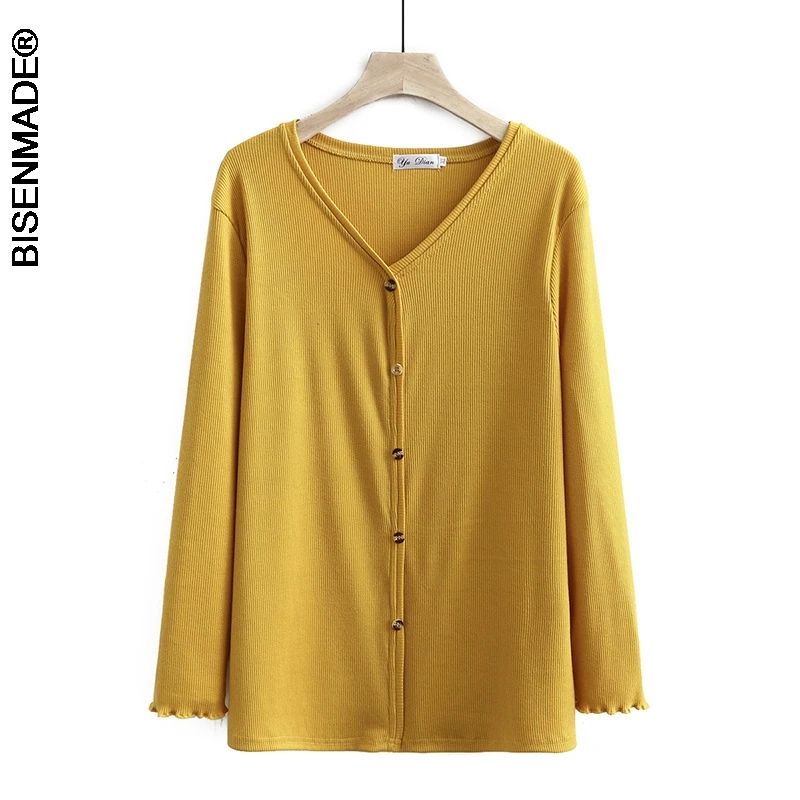 

Women's Clothing T-Shirts Plus Size 2021 Spring Tees Casual Long Sleeve V Neck 5 Buttons Solid Tops Camiseta Mujer