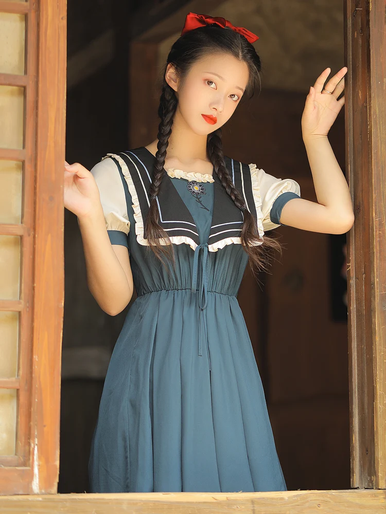 

Japan Style Sailor Collar Women Dress Summer Vintage Embroidery Flower Lantern Sleeve Large Size Retro Dresses Cottage Vestido