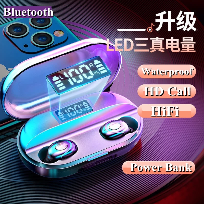 

Беспроводные наушники TWS Bluetooth 5,0, мини-наушники, стерео, бас, светодиодный дисплей, подавление шума, спортивные водонепроницаемые наушники-в...