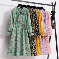 2022 newspring summer dress women korean printed cotton chiffon long sleeve bow floratemperamenthigh waistslimmid length dress
