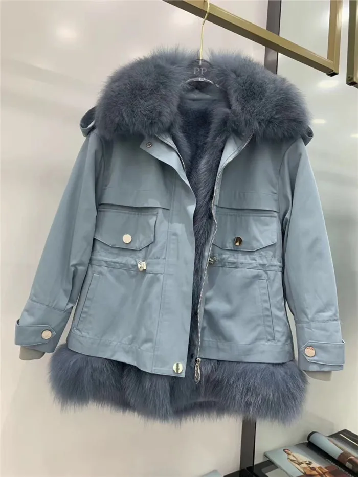 blue with blue Женские Новые парки шуба из натурального Лисьего меха теплая Толстая съемная меховая подкладка из натурального меха лисы женская зимняя куртка - Цвет: blue with blue