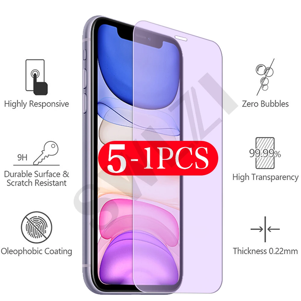 

5-1Pcs 9H Anti Blue Light for iPhone 11 12 mini pro MAX SE 2020 tempered glass X XS XR 8 7 6 6s plus phone screen protector Film