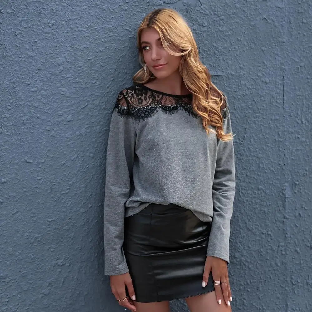 Женские кружевные футболки BornToGirl черные и серые с длинным рукавом круглым