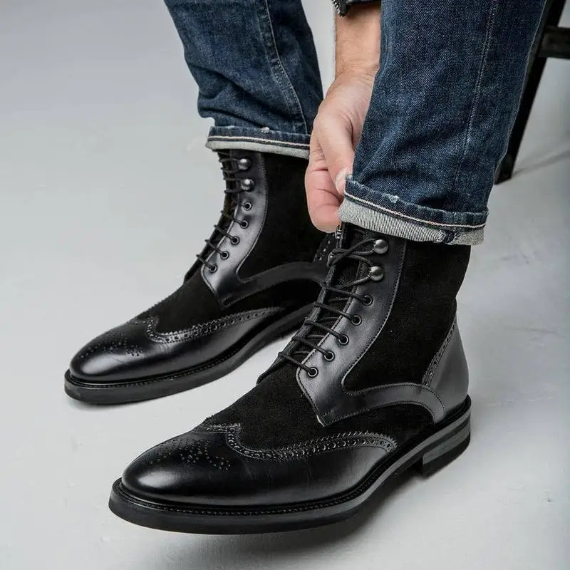 

Men Shoes Handmade Black PU Stitching Imitation Suede Round Head Low-heel Lace-up Fashion Trend British Dress Ankle Boots KR424