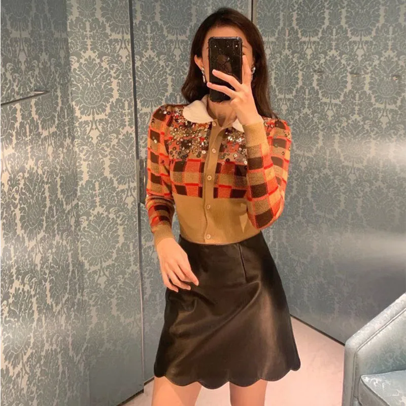 Ladies Spring New Luxury Brand Designs Sweater Female Sweet Peter Pan Collar Beading Lattice Slim Knitting Tops