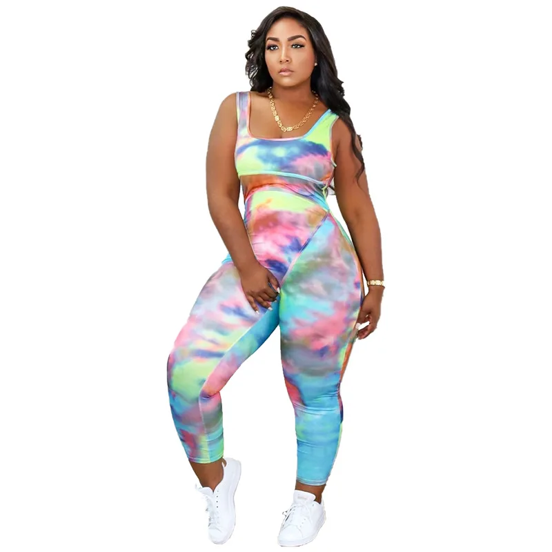 

Plus Size XL-5XL Casual Women Tie-Dye Printed With Gradient Color Jumpsuits Square Collar Sleeveless Bodycon Rompers 2020 Summer
