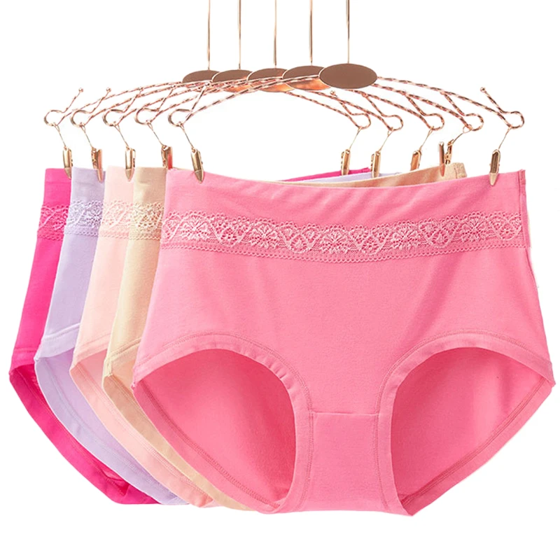 5Pcs/Lot Mid Waist Abdomen Cotton Briefs Plus Size Striped Panties Lace Underwear Lingerie Antibacterial Modal Underpants XL XXL