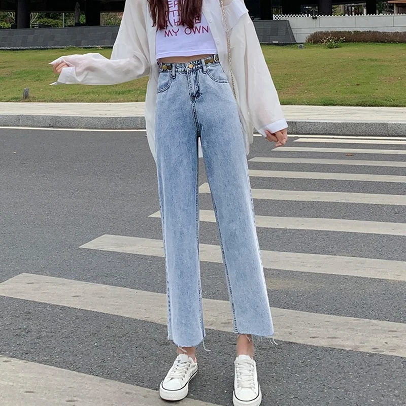 

Korejepo Women Pants 2021 Summer New Street Style Casual Light Blue Straight Loose Jeans High Waist Pants Female Full Length