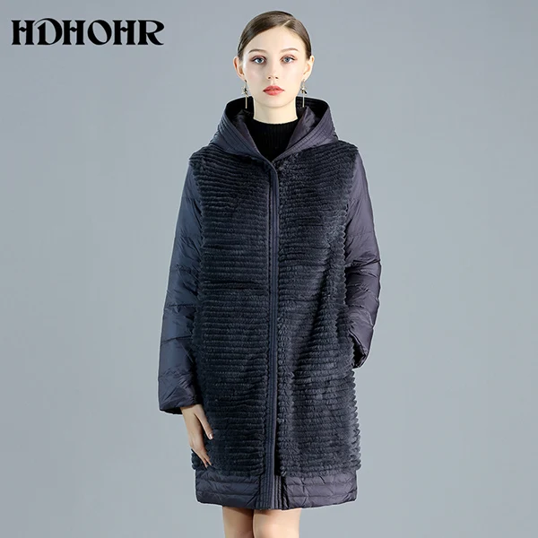 HDHOHR высококачественное пальто из натурального меха для женщин, пальто из натурального меха кролика с хорошим пухом, Двусторонняя одежда, теплая женская меховая куртка - Цвет: Тёмно-синий