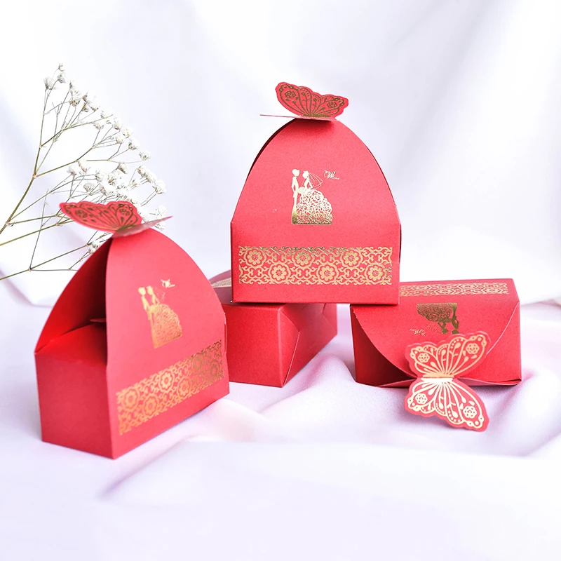 20Pcs European Golden Butterfly Bride and Groom Candy Box Wedding Red Blue Gift Packing Bag Sugar Boxes Party Favour Shower | Дом и сад