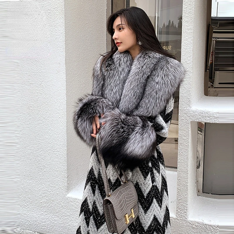 

New Fashion 110cm Winter Thick Warm Lengthen Real Fur Coats Winter 60cm Sleeves Outerwear Women Real Red Fox Fur Coat