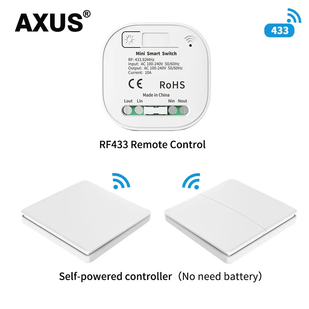 

AXUS EU/UK No Battery RF433Mhz Wireless Remote Control Switch Self-Powered Waterproof Light Switch 16A AC 85V-240V 60HZ/50HZ