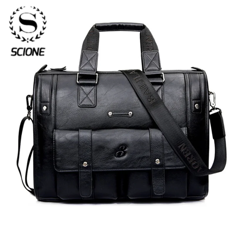 Scione Men Thicken PU Leather Briefcase Large Capacity Laptop Business Messenger Shoulder Bag High Quality Travel Office Handbag